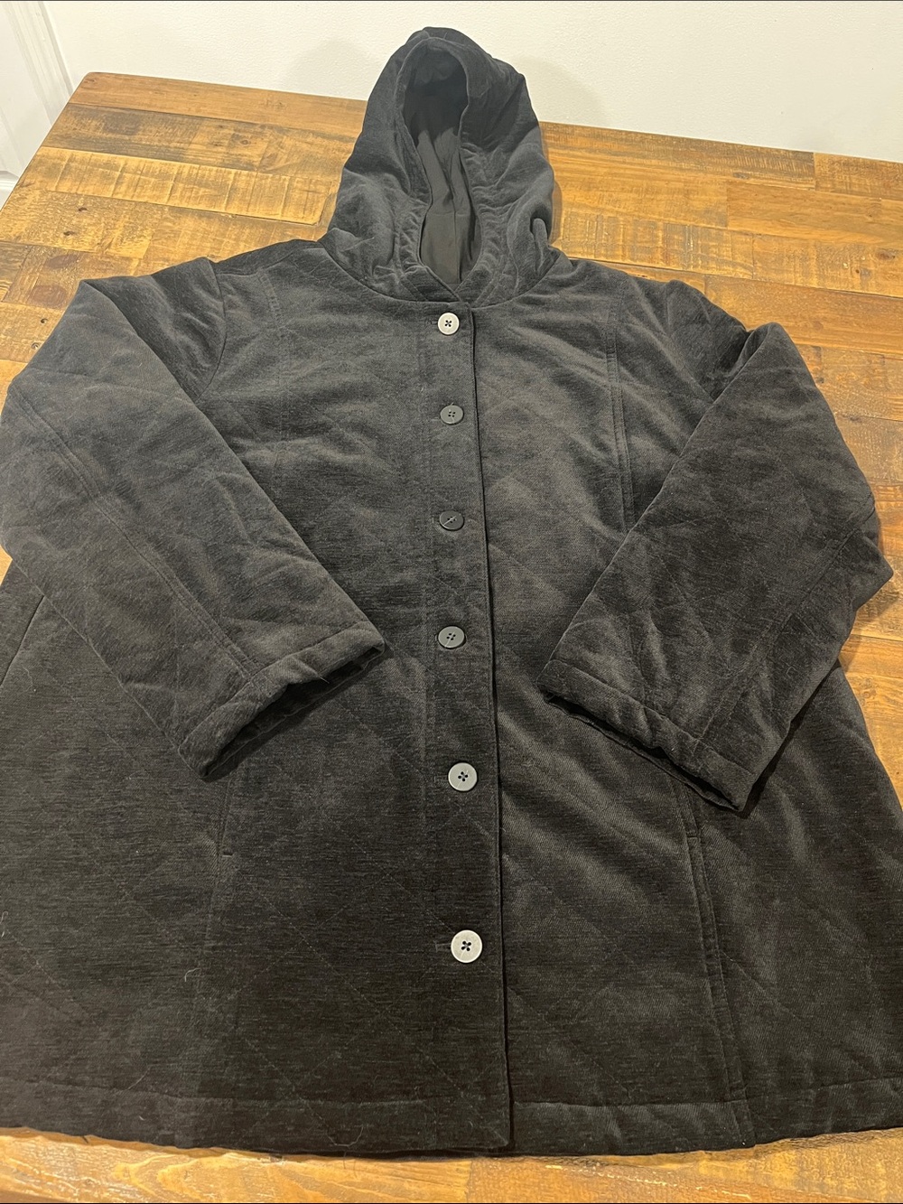 J.Jill Women's Black Hooded Button Up Quilted Brushed Chenille Coat